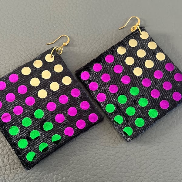 Handmade Large Colourful Polka Dot Fabric Earrings - Bold Statement Square Drops