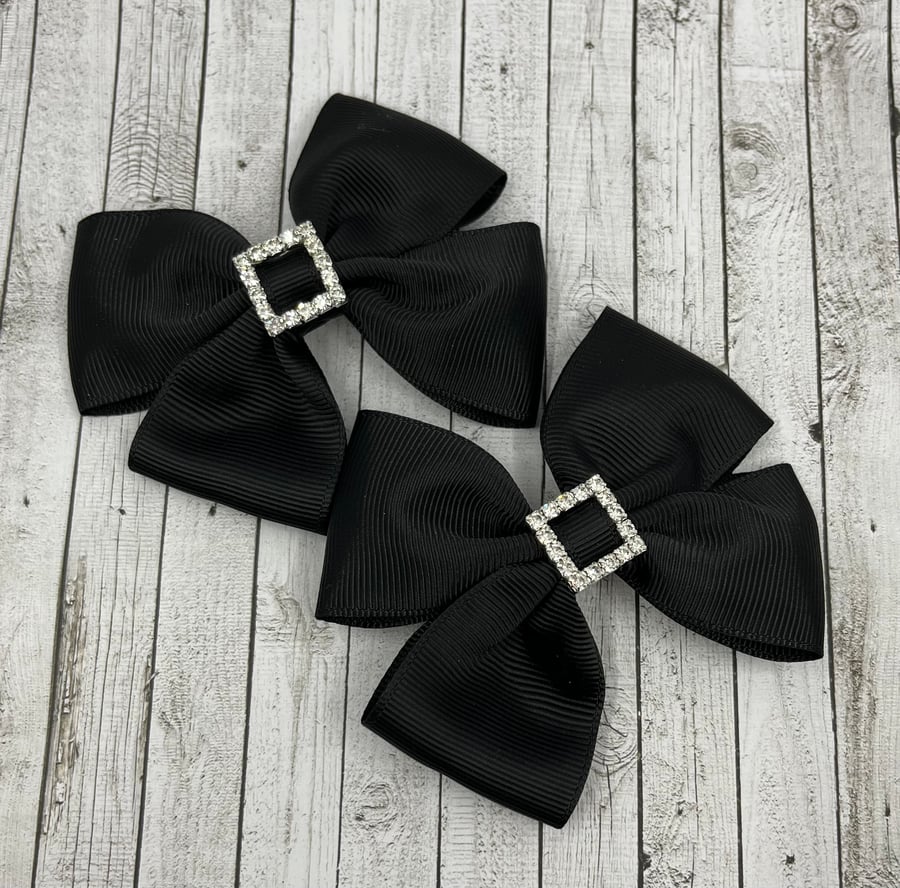 Black Classic Double Bows with Square Diamond Buckle on Clips (pair)