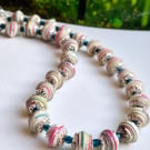 Multicoloured paper beaded necklace with blue glass separators