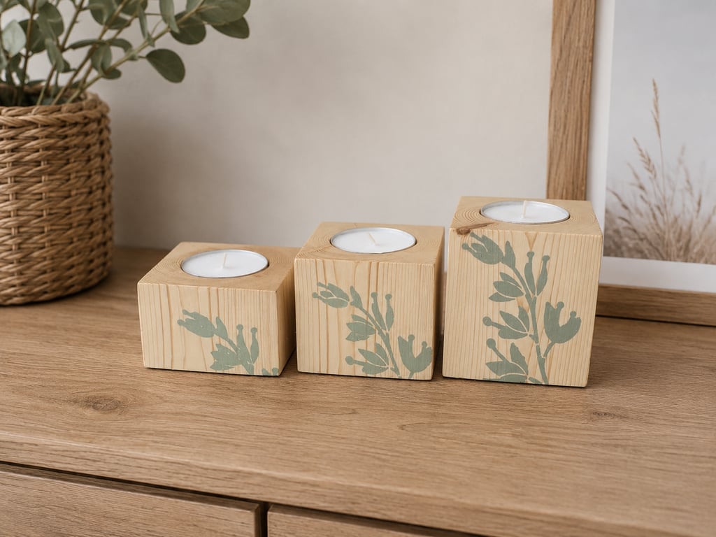 Large Tealight Holder Set Mint Green Stenciled Upcycled Wood Candle Block