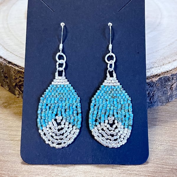 Turquoise and silver bead weave teardrop earrings