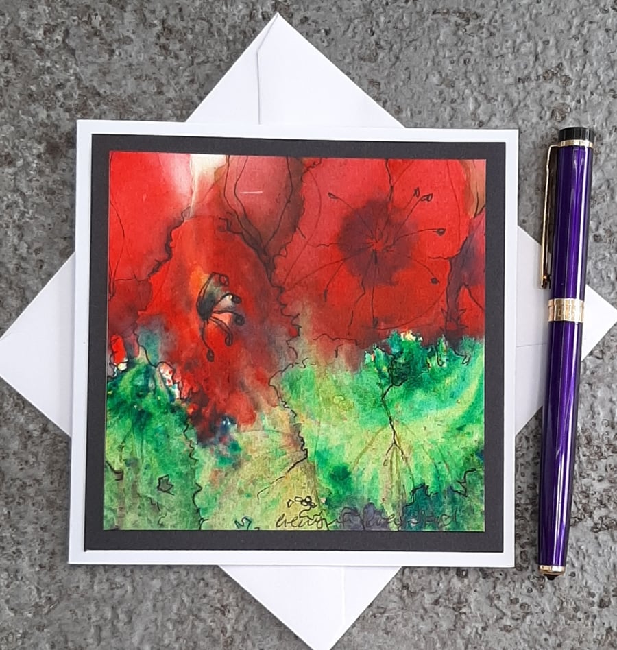 Handpainted Blank Card. Abstract Red Poppies