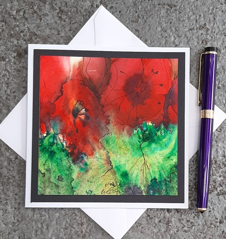 Handpainted Blank Card. Abstract Red Poppies