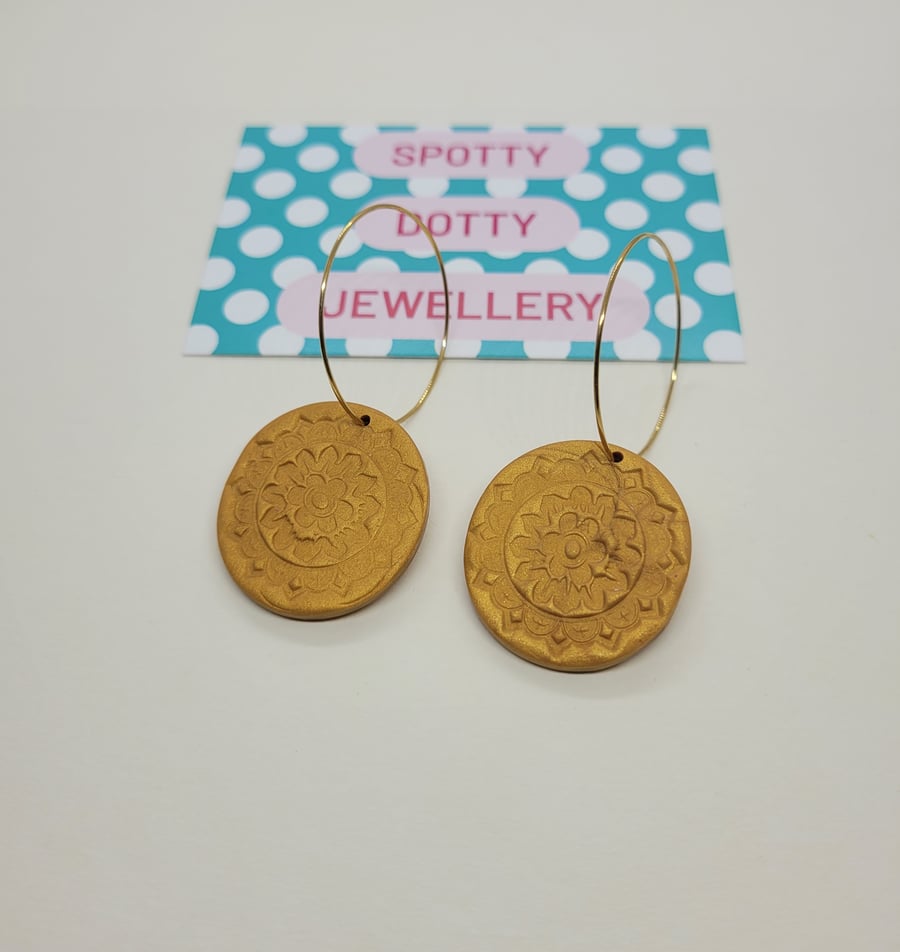 Mustard Stamp Polymer Clay Dangle Hoop Earrings. 