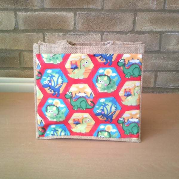Dinosaurs in Hexagons Small Jute Bag