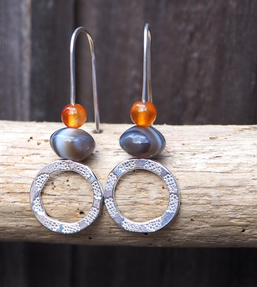 Hoops, Sterling silver dangle hoop earrings, agate and carnelian hoops earrings