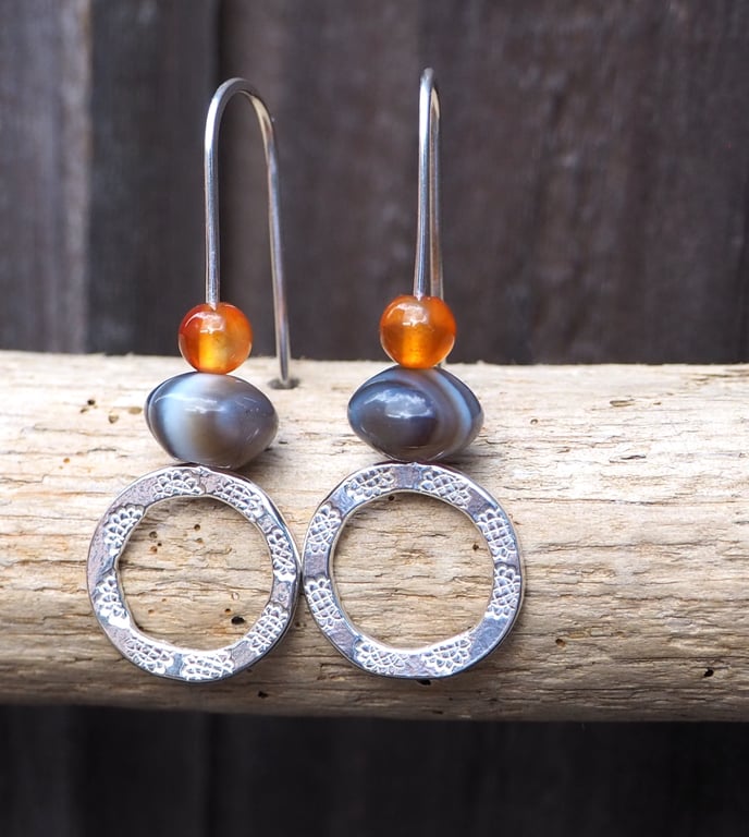 Hoops, Sterling silver dangle hoop earrings, agate and carnelian hoops earrings