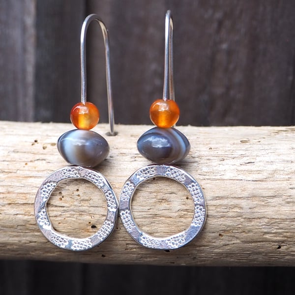Hoops, Sterling silver dangle hoop earrings, agate and carnelian hoops earrings
