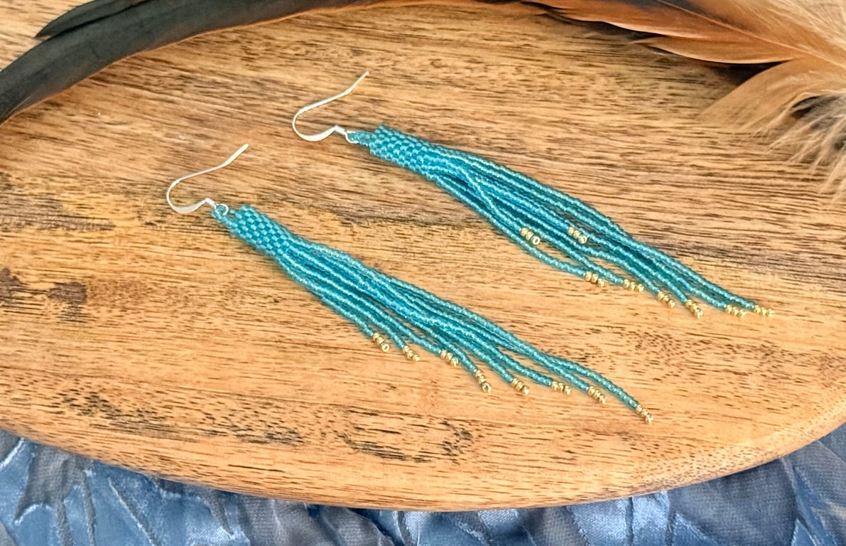 Shimmering aqua blue beadwork tassel fringe earrings