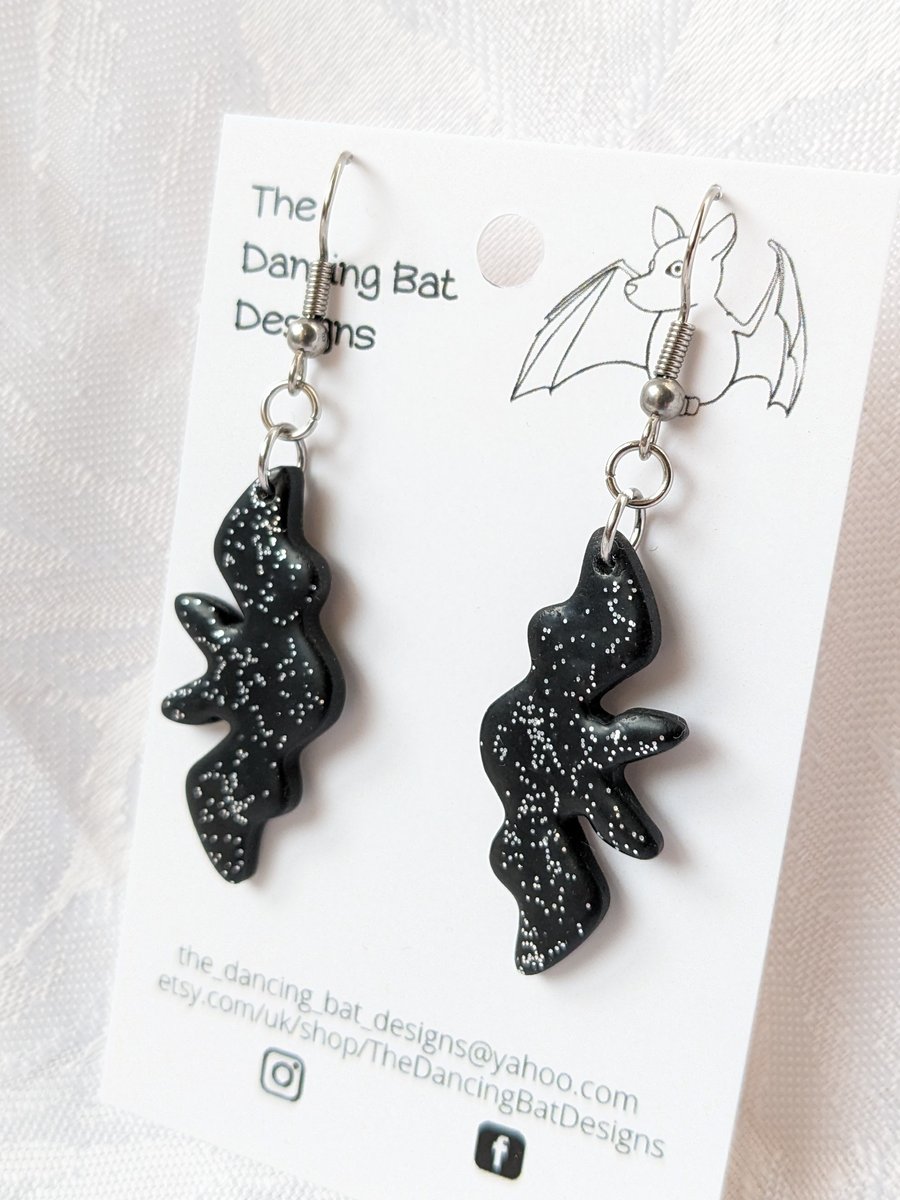 Medium Black Bats with Silver Glitter, Dangle Earrings, Polymer Clay Jewellery