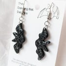 Medium Black Bats with Silver Glitter, Dangle Earrings, Polymer Clay Jewellery