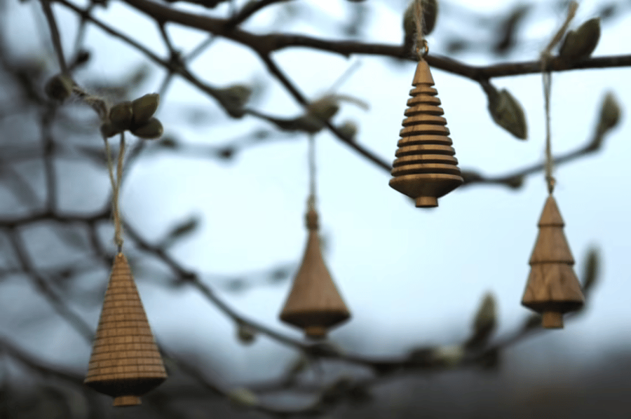Set of 4 Wooden Christmas Tree Decorations - Handmade oak wooden trees