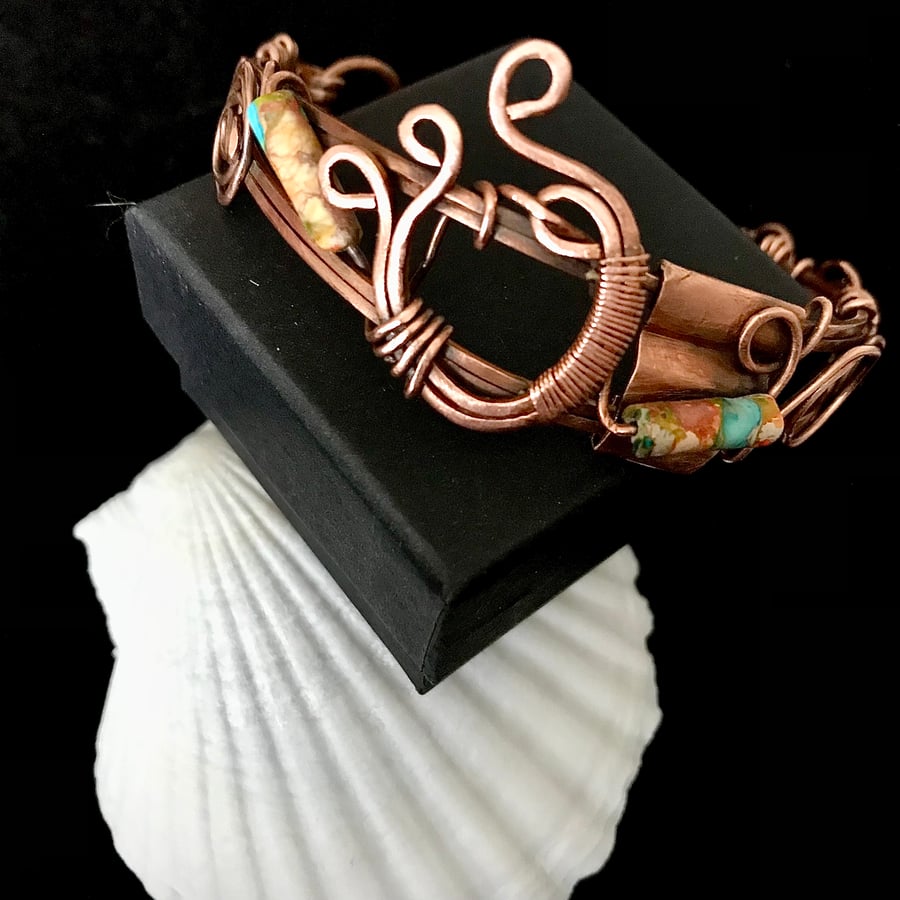 Oxidised Copper Bangle, Imperial Jasper Beads - Size M - L Steampunk