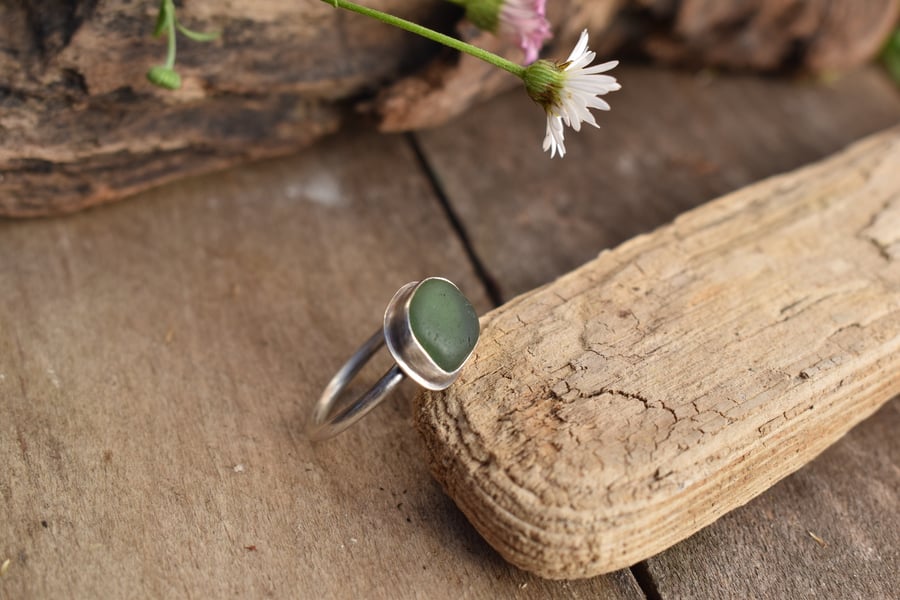 Sea Glass and Recycled Silver Ring, Size M, Dark Teal-Green Scottish Sea Glass