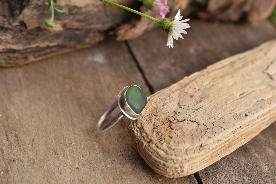 Sea Glass and Recycled Silver Ring, Size M, Dark Teal-Green Scottish Sea Glass