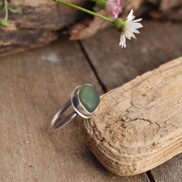 Sea Glass and Recycled Silver Ring, Size M, Dark Teal-Green Scottish Sea Glass