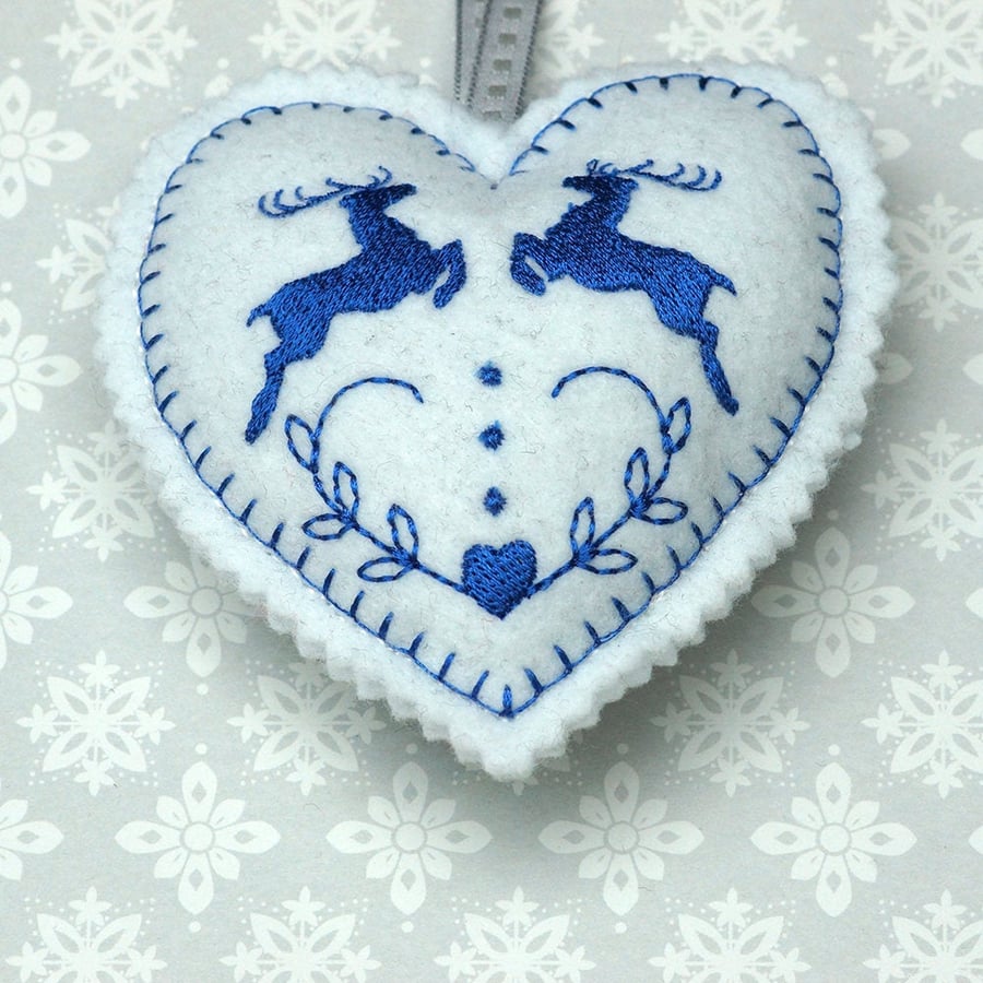 Embroidered felt hanging heart with reindeer detail