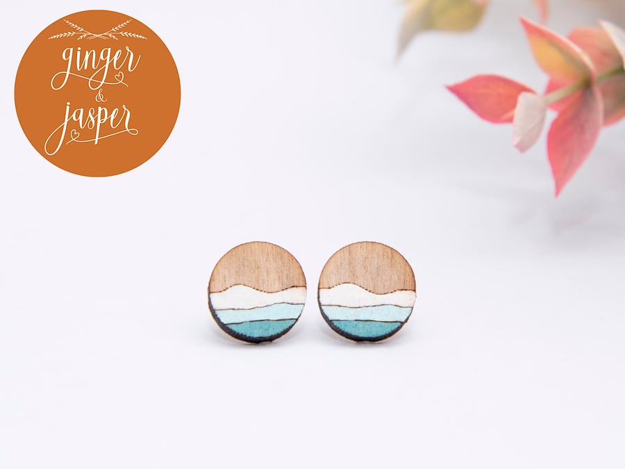 Hand Painted Wooden Seashore Earrings, Boho Wood Seaside Studs, Laser Cut Sea