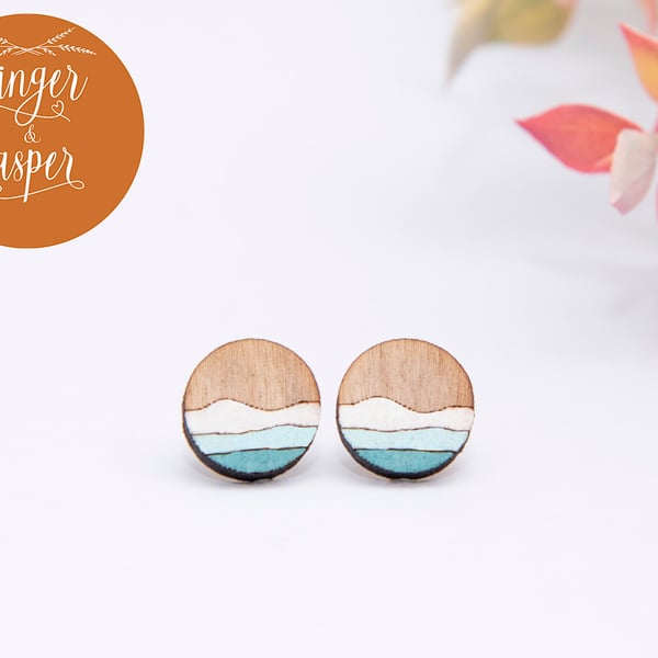 Hand Painted Wooden Seashore Earrings, Boho Wood Seaside Studs, Laser Cut Sea