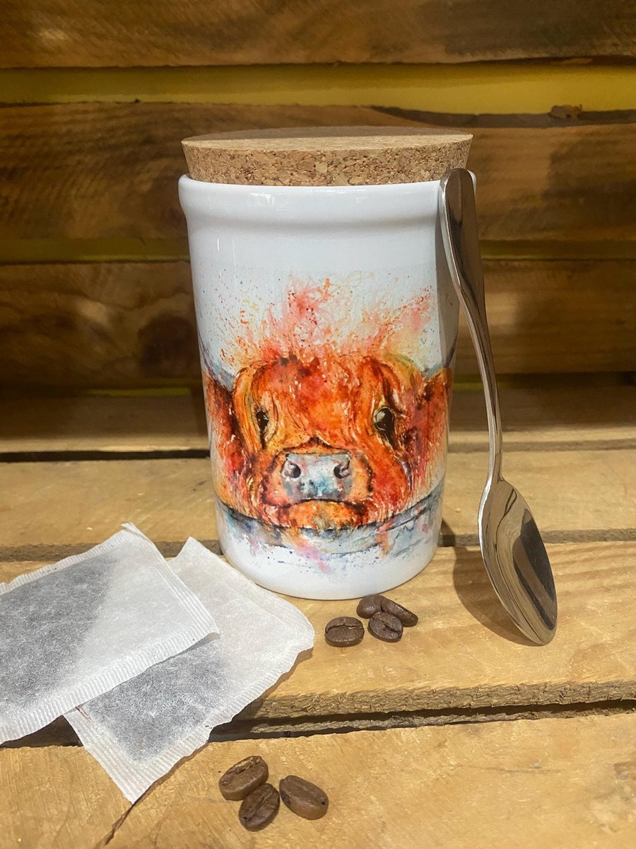 Highland Cow Watercolour Ceramic Storage Jar with Cork Lid, 