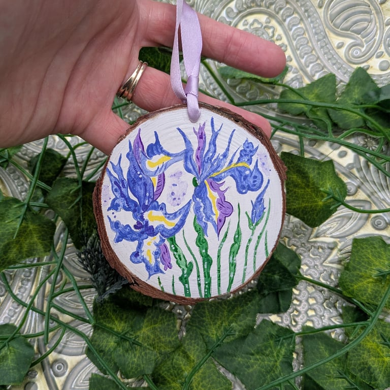 Iris hand-painted log slice decoration, February birth flower gift 