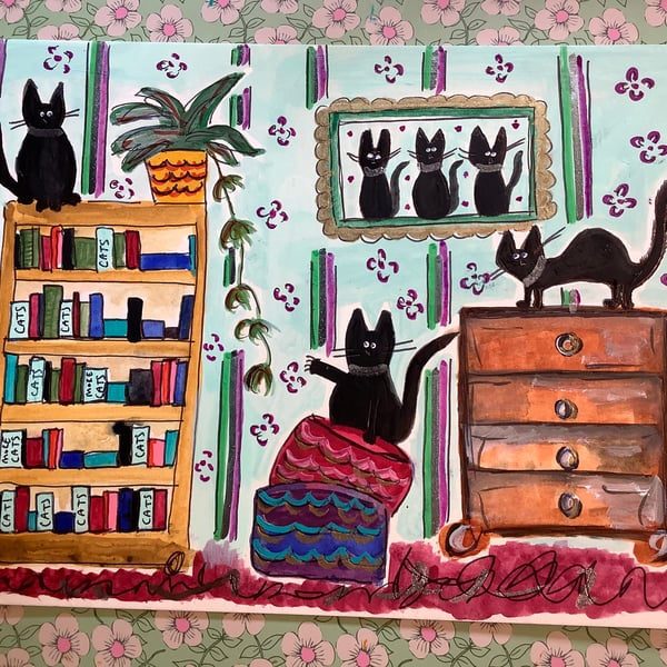 Too many cats. Original painting. Black cats. Picture. Art. Decor
