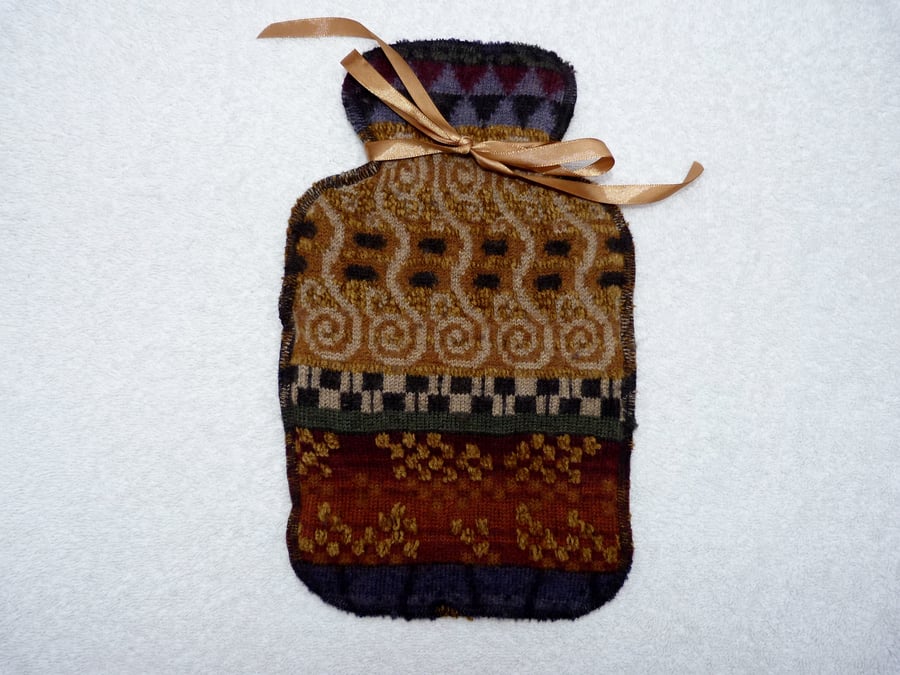  Up-cycled Brown and Gold  Patterned Wool Hot Water Bottle Cover.