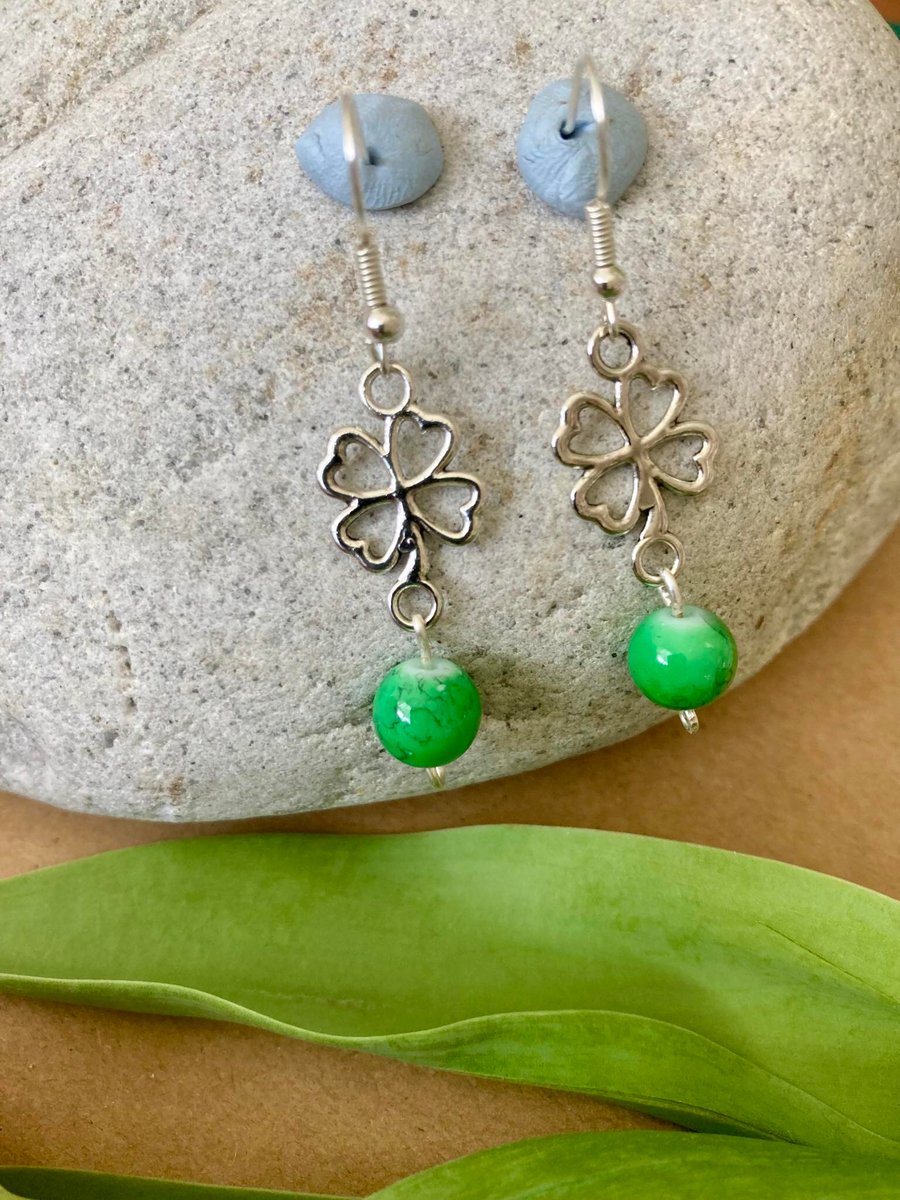 Silver Earrings - Four Leaf Clover and Green Glass Bead - St Patrick’s Day