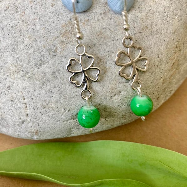 Silver Earrings - Four Leaf Clover and Green Glass Bead - St Patrick’s Day
