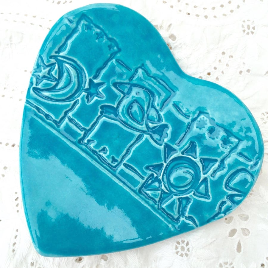 Ceramic heart dish imprinted with a bird design - Trinket dish - Turquoise