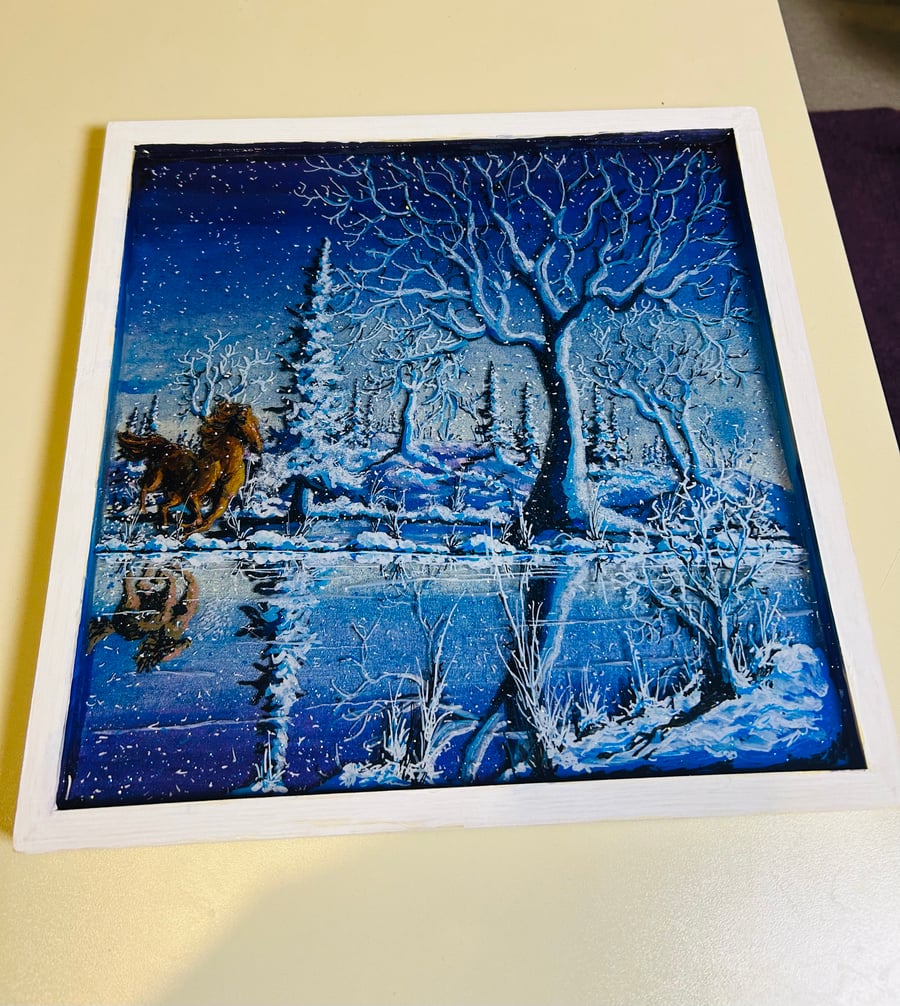 A hand painted and resin layered Winter Galloping horse scene by Andrew Jenkins 