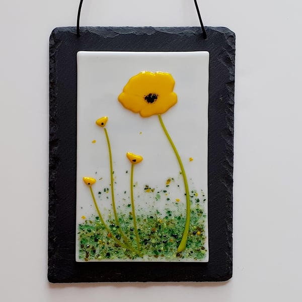 Fused glass Welsh yellow poppy mounted on slate