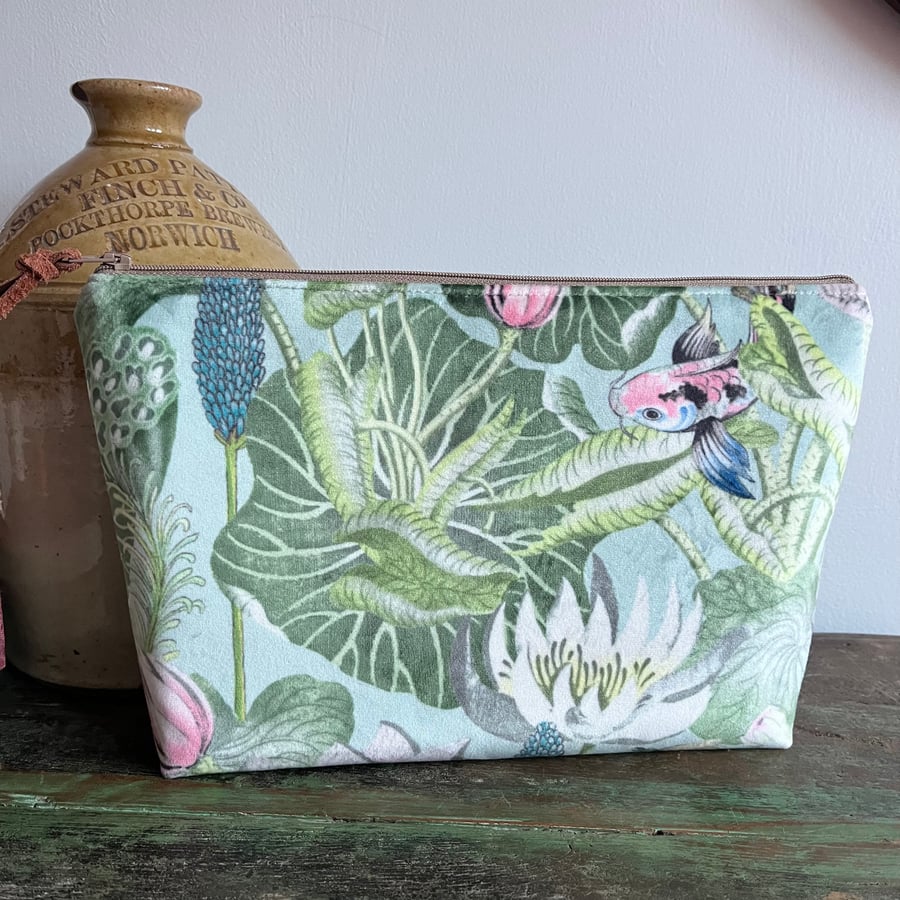 Waterlily and koi carp velvet zip pouch large bag with floral lining 