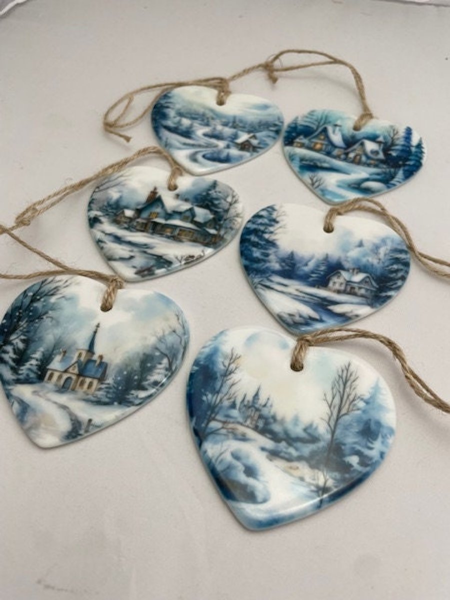 Christmas Ceramic Heart Xmas Tree Decorations Set of 6 individual snow scenes 3 