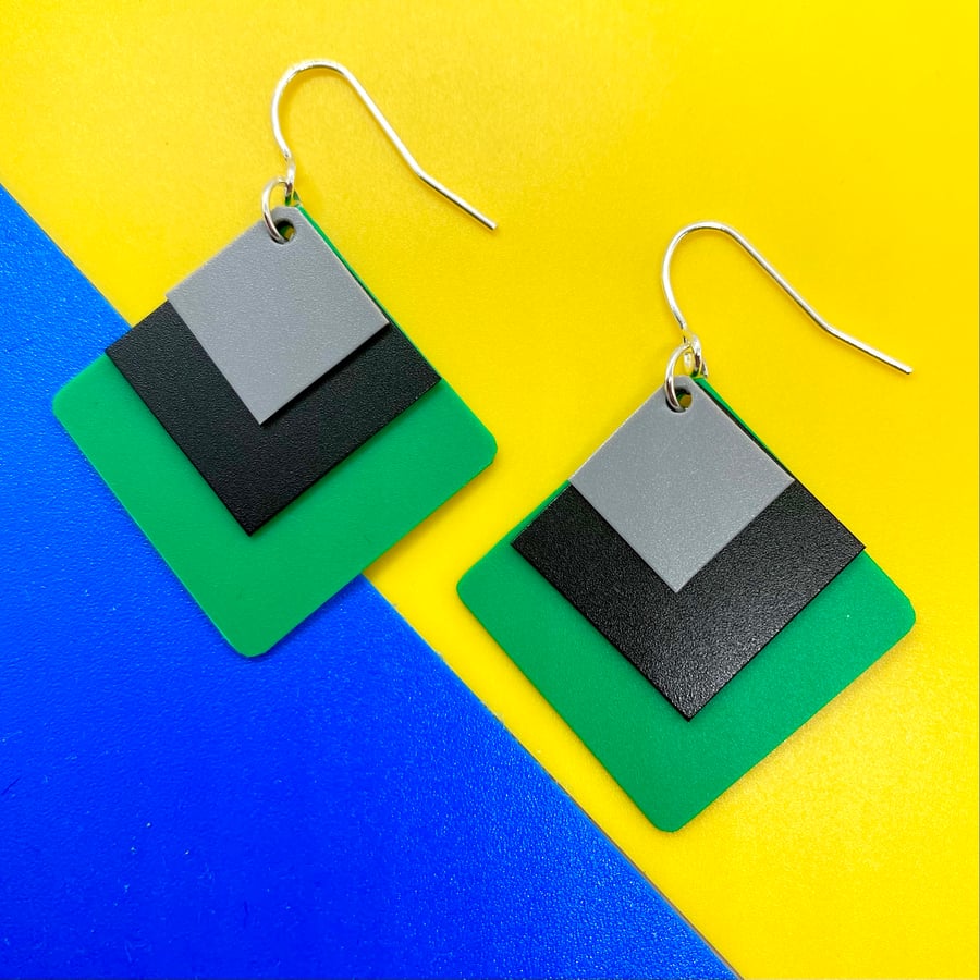 80’s vibe grey, green and black graduated squares earrings