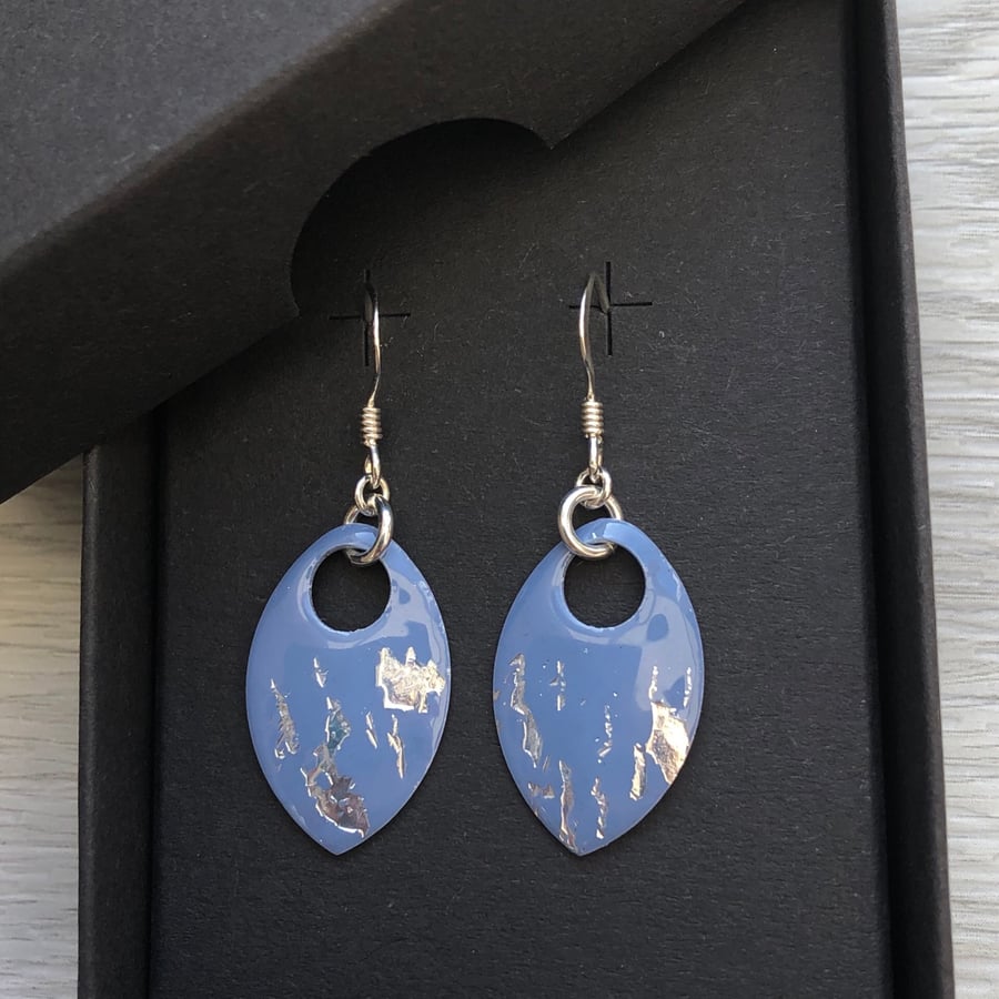 Mid blue and silver leaf enamel scale earrings. Sterling silver. 