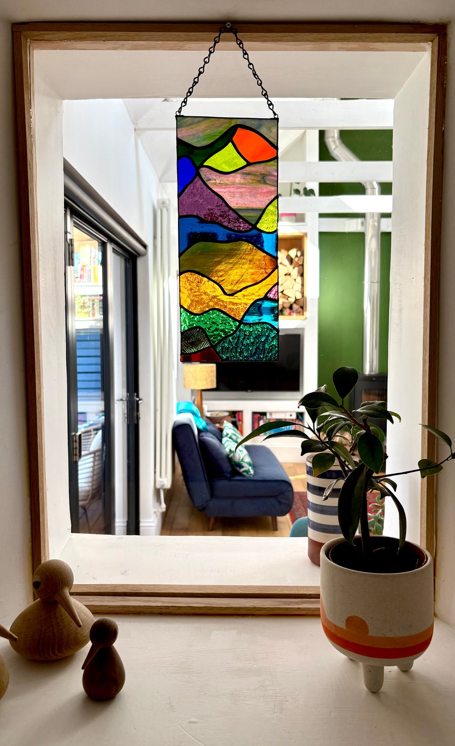 Scottish Hills, Stained glass autumnal window hanging art, Glass art