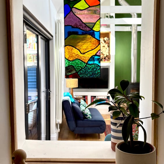 Scottish Hills, textured stained glass autumnal window hanging art, Glass art