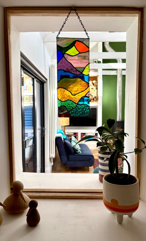 Scottish Hills, Stained glass autumnal window hanging art, Glass art