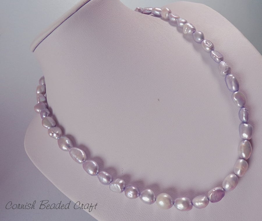 Lavender Freshwater Pearl & Silver  Necklace.-Handmade in Cornwall - FREE UK P&P