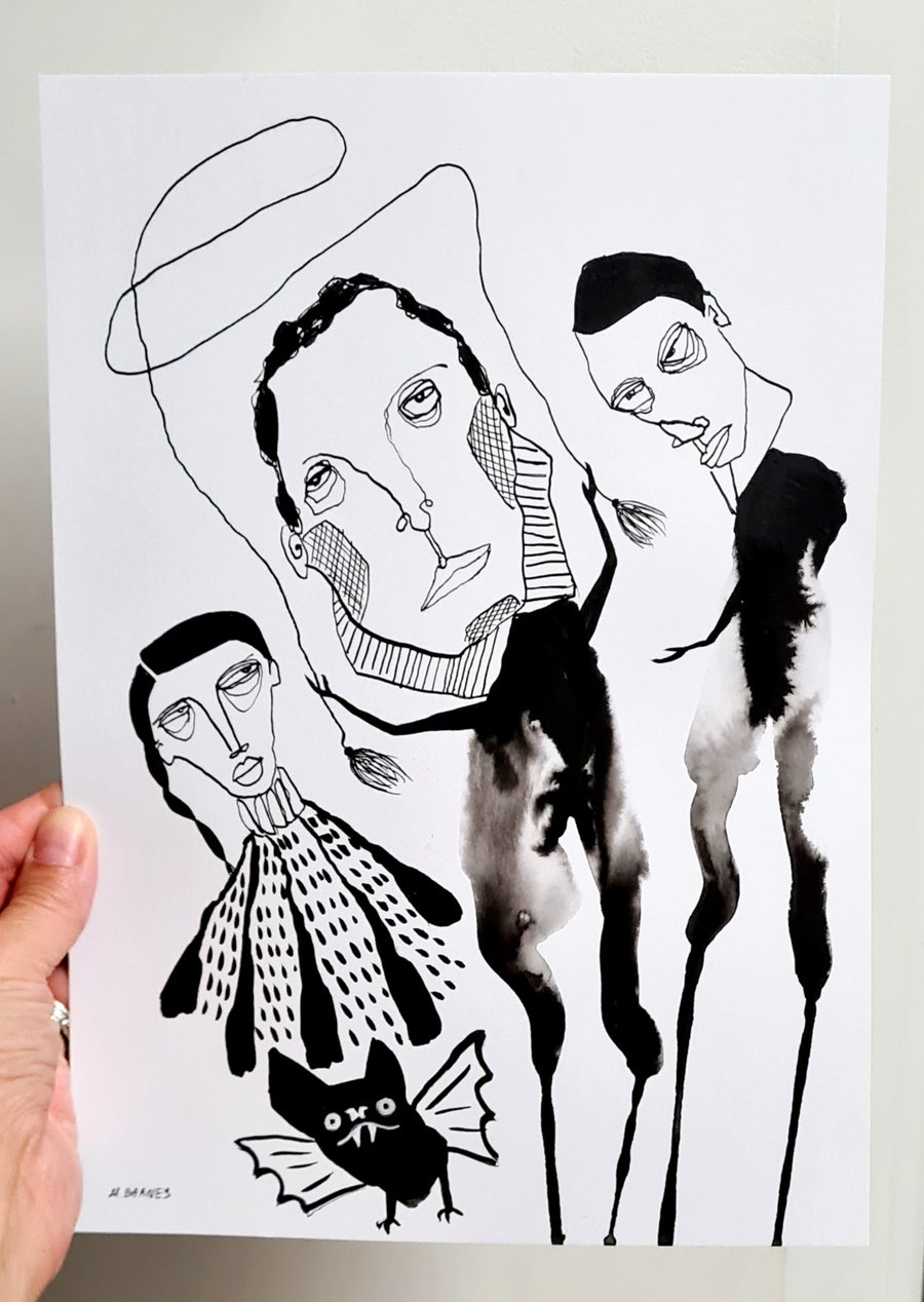 Three wizards and a bat One of a kind art Original art Abstract art Weird art