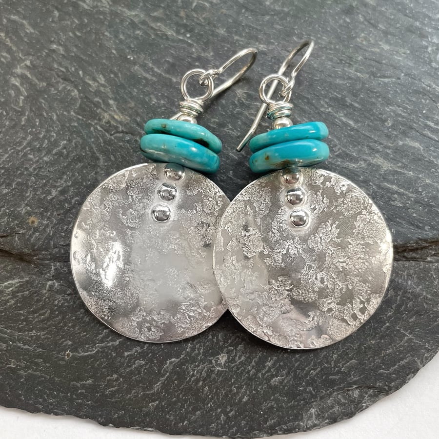 Large round silver and bright turquoise earrings 