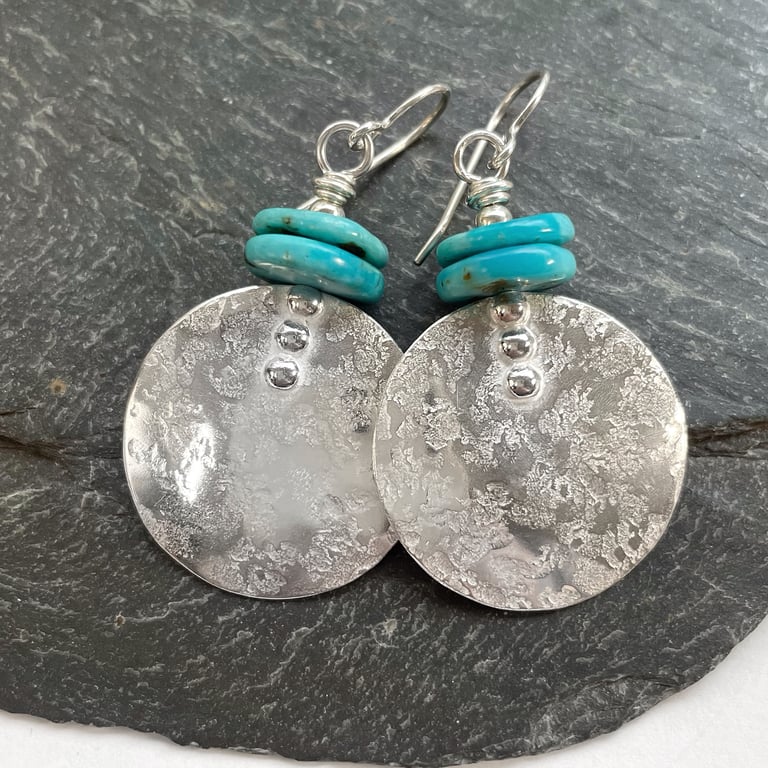 Large round silver and bright turquoise earrings 
