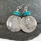 Large round silver and bright turquoise earrings 