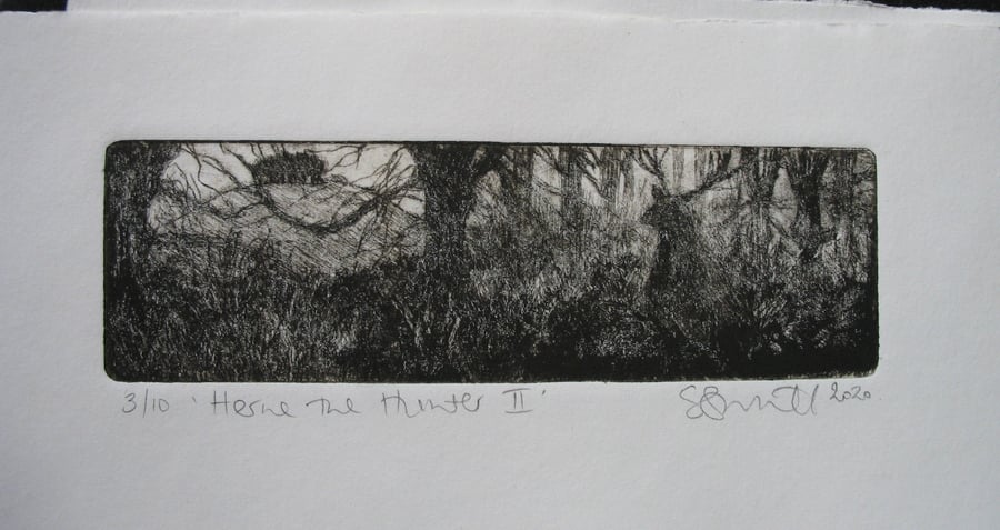 Moody drypoint etching 'Herne the Hunter I'