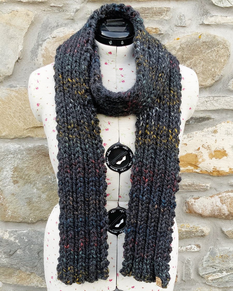 Hand Knitted Chunky Scarf. Charcoal Scarf. Black Scarf. Long Scarf. Wool Scarf.