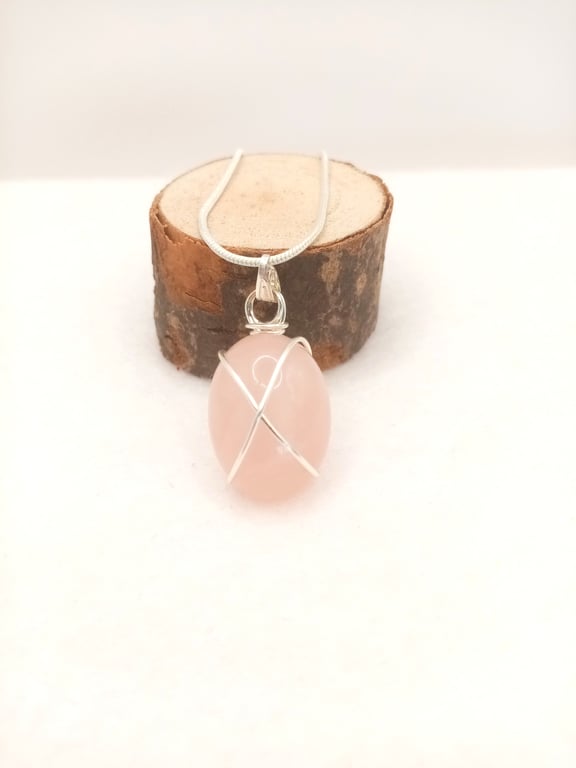 Natural Rose Quartz Necklace, Wire Wrapped Rose Quartz, Pink-Rose Necklace