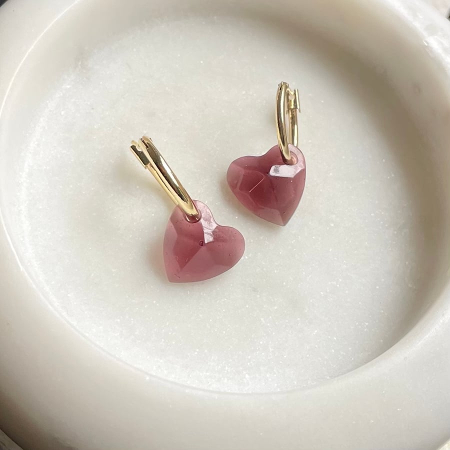 Small faceted heart hoops – red, unique resin hoop earrings