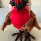 Needle felted robin with glasses and handbag 