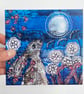 Hare in flower garden gazing at the full moon printed card. 